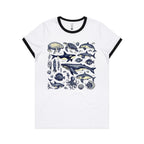 Sea Creatures - Women's Ringer Tee White Black Womens Ringer T-shirt animal Printed In Australia