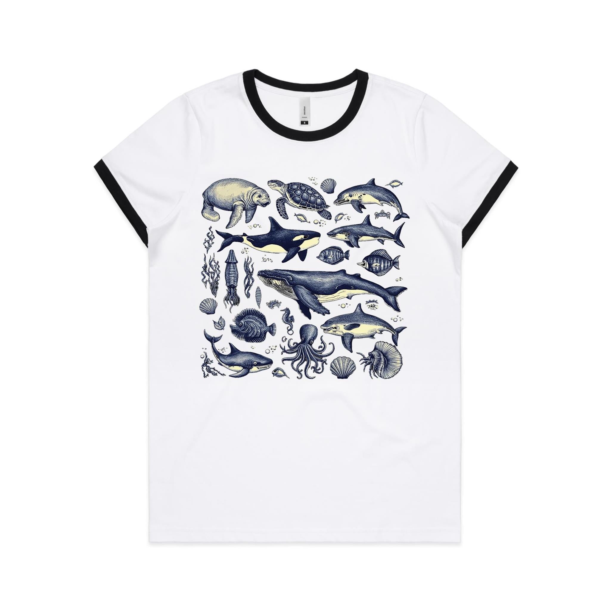 Sea Creatures - Women's Ringer Tee White Black Womens Ringer T-shirt animal Printed In Australia