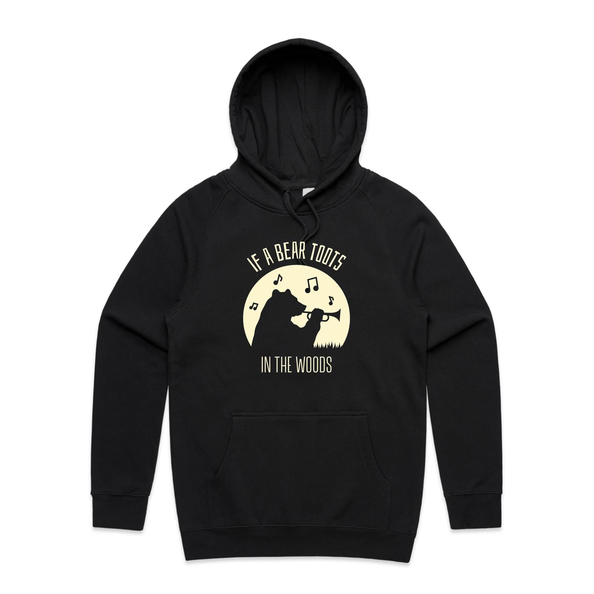 If A Bear Toots In The Woods, Trumpet Player - Mens Hoodie Black Mens Hoodie animal Music Printed In Australia