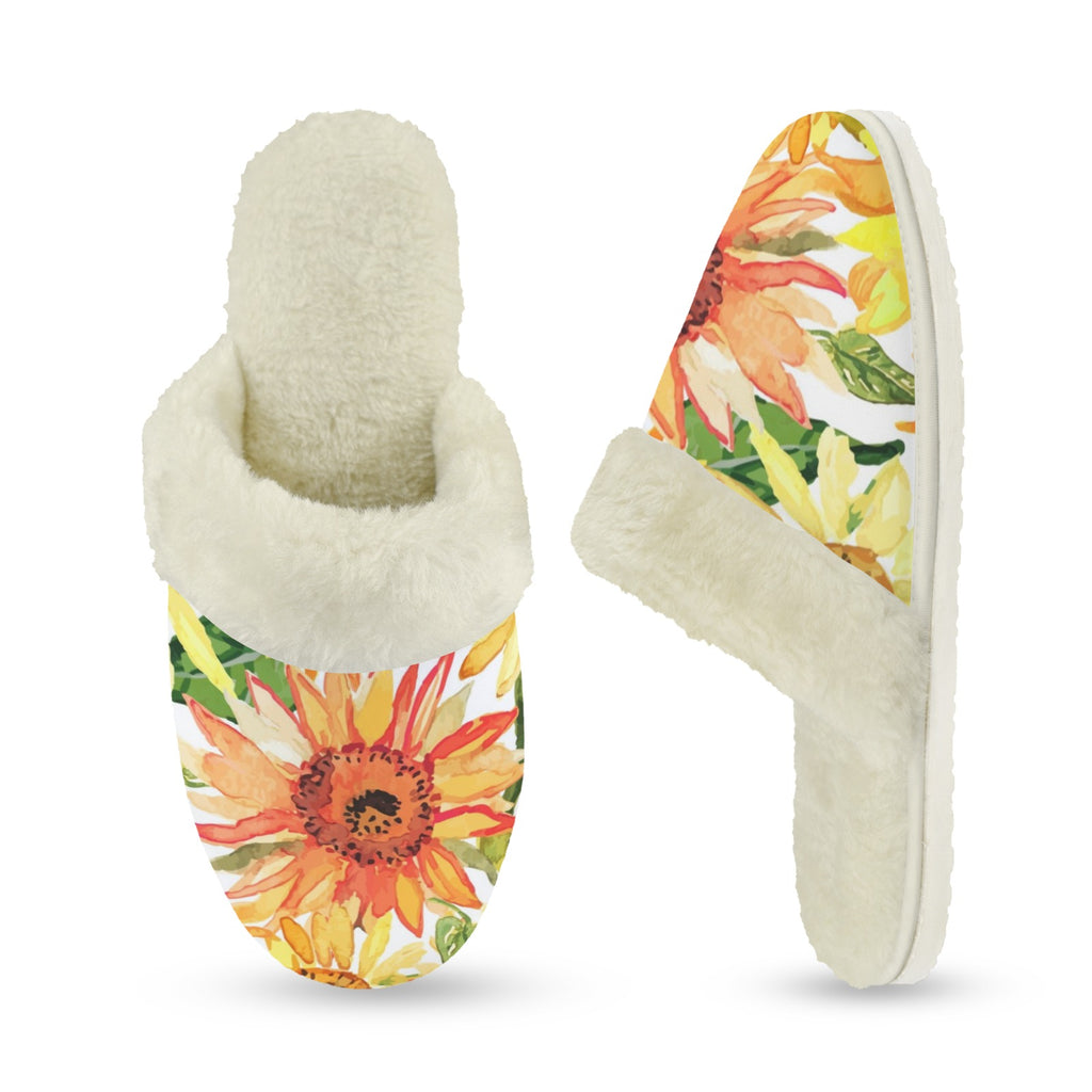 Watercolour Sunflower Women's Fur Trim Thick-Sole Indoor Slippers Women's Fur Trimmed Slippers Plants Printed Offshore