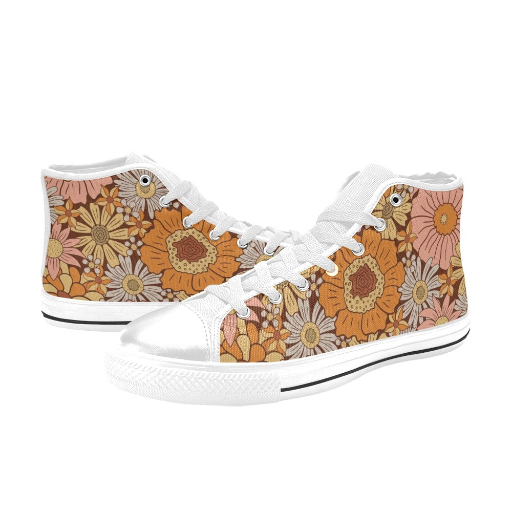 Orange Retro Floral Men's High Top Canvas Shoes Men's Classic High Top Canvas Shoes Plants Printed Offshore