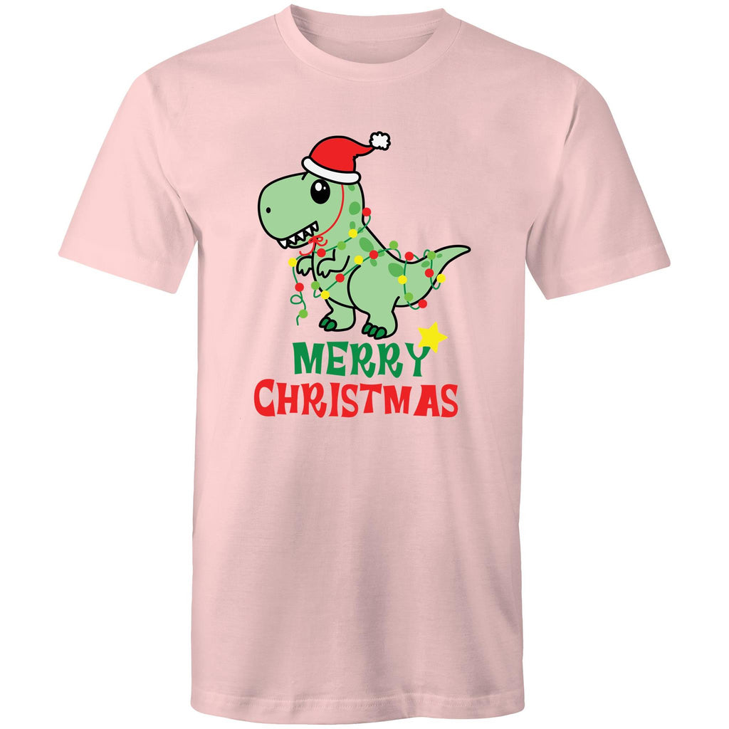 Dinosaur Santa, Merry Christmas - Mens T-Shirt Pink Mens Christmas T-shirt Christmas Printed In Australia