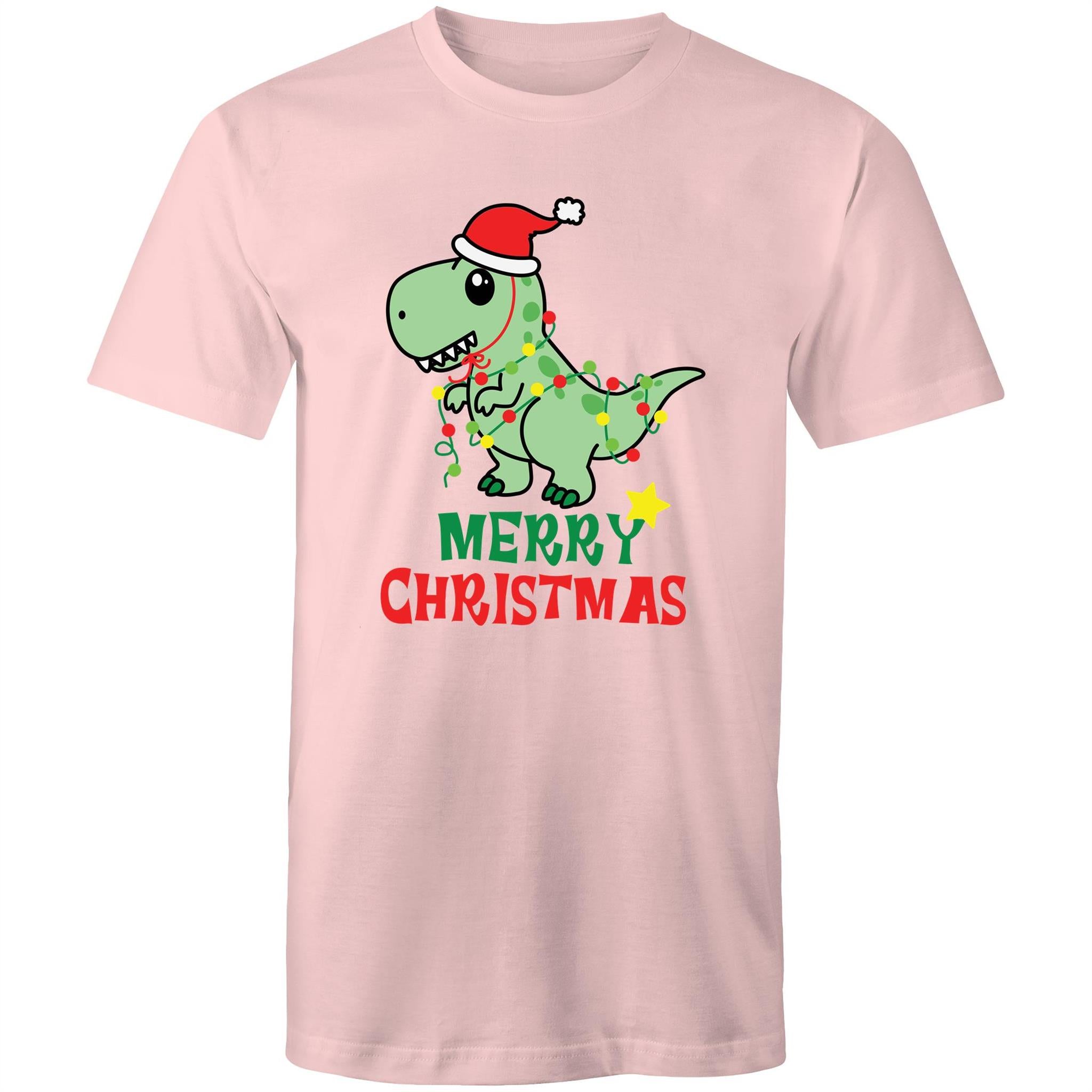 Dinosaur Santa, Merry Christmas - Mens T-Shirt Pink Mens Christmas T-shirt Christmas Printed In Australia