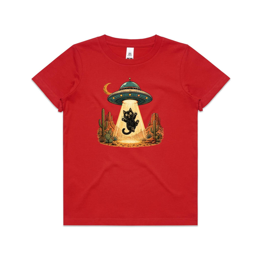 Black Cat Alien UFO Abduction Kids AS Colour T-shirt