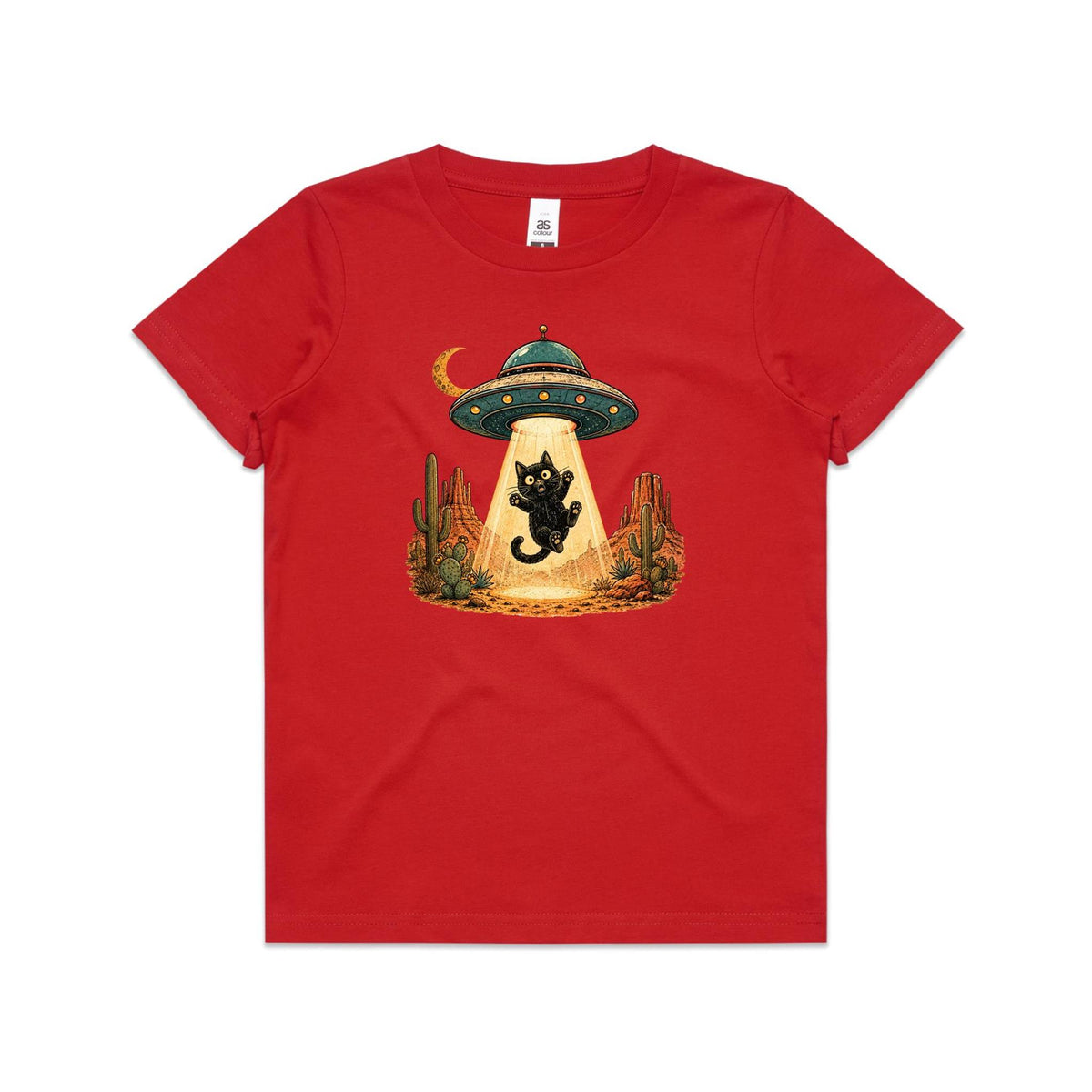 Black Cat Alien UFO Abduction Kids AS Colour T-shirt