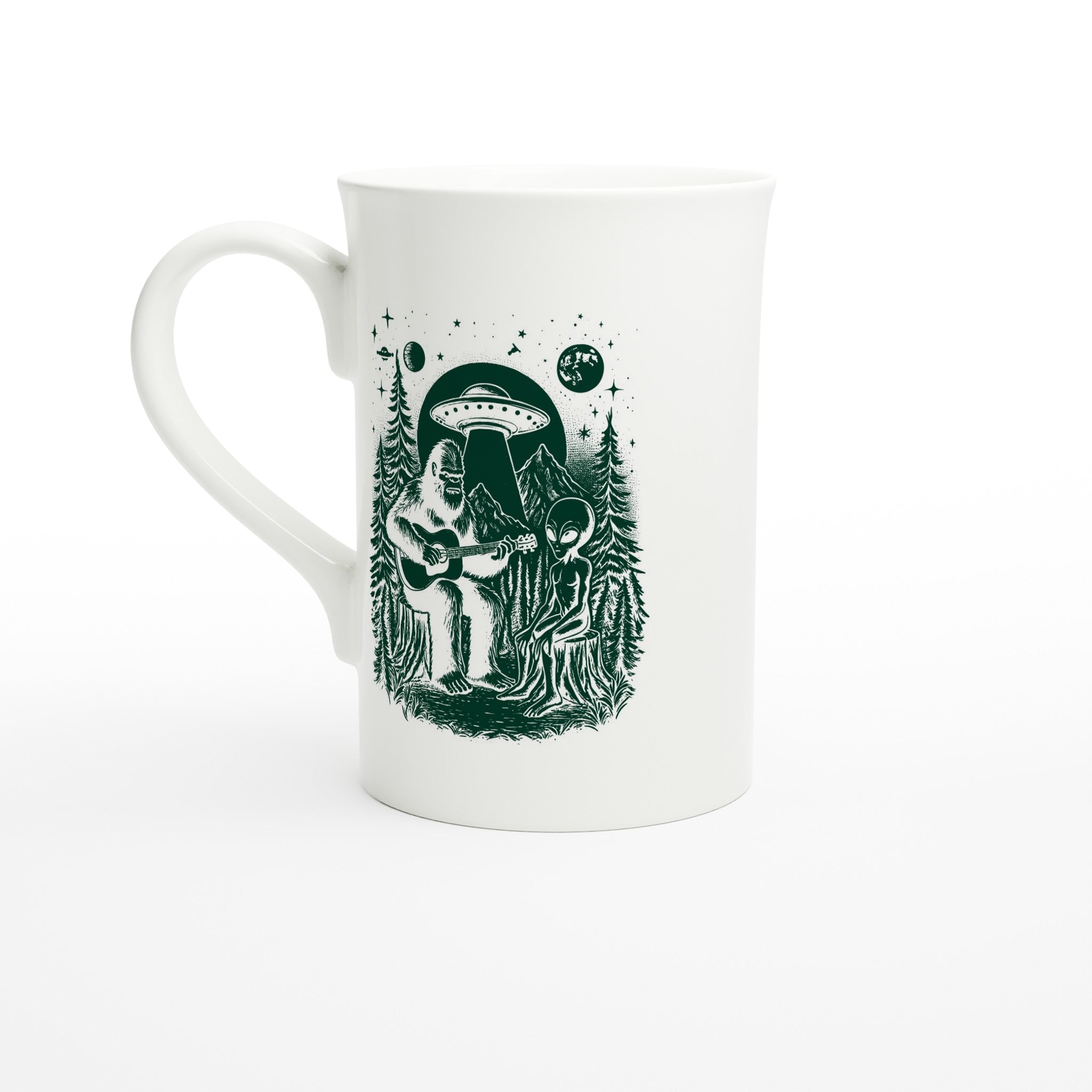 Alien And Bigfoot Play Guitar - White 10oz Porcelain Slim Mug Default Title Porcelain Mug Globally Fulfilled Music Sci Fi