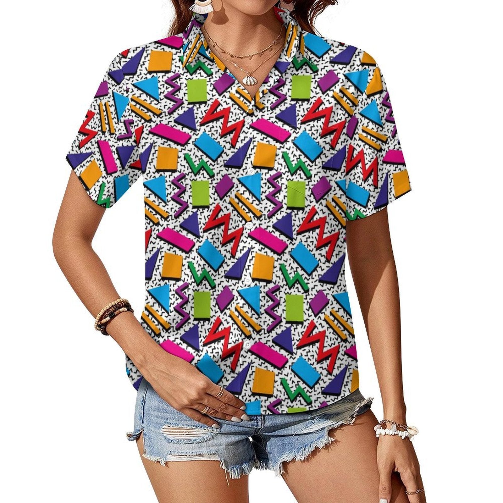 Graphic 80's Women's Short-Sleeve Button Up Shirt white Women's Short-Sleeve Button Up Shirt Printed Offshore Retro