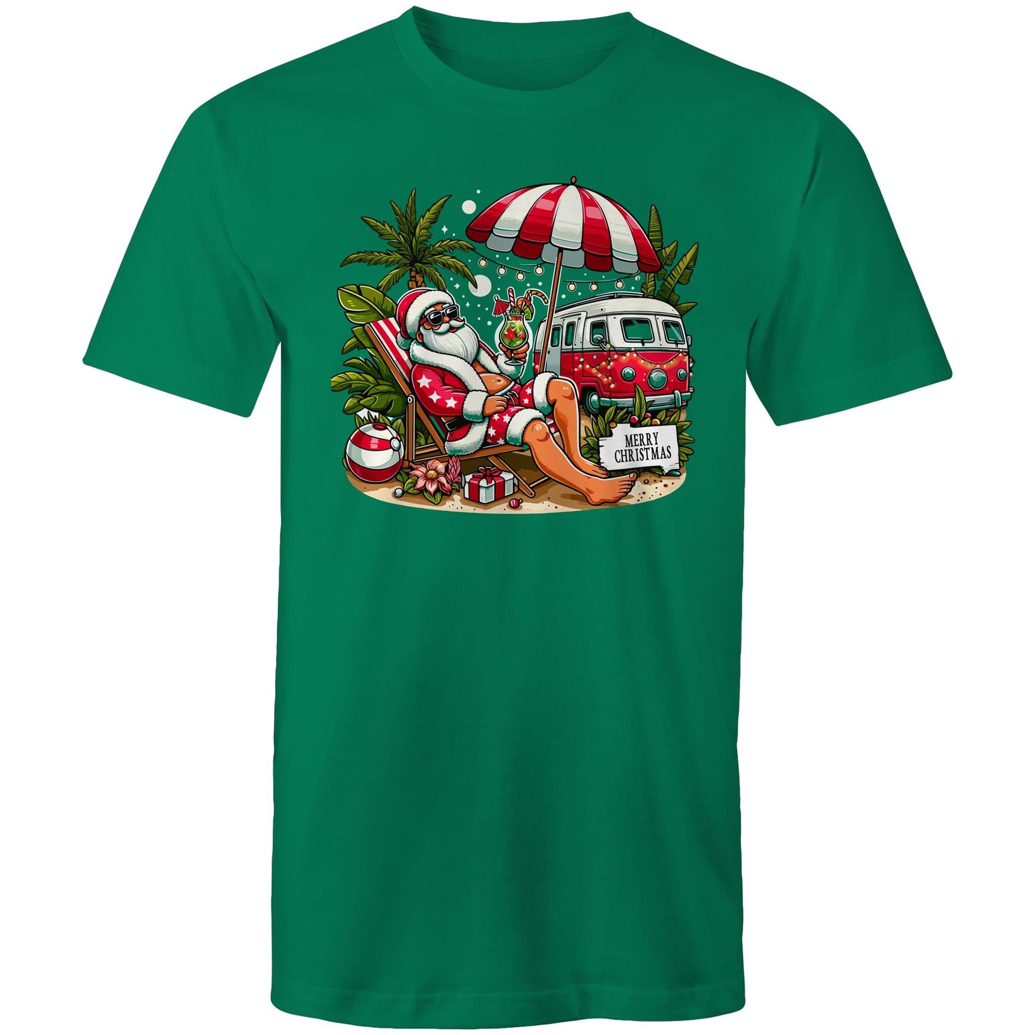 Santa By The Beach - Mens T-Shirt Kelly Green Mens Christmas T-shirt Christmas Printed In Australia