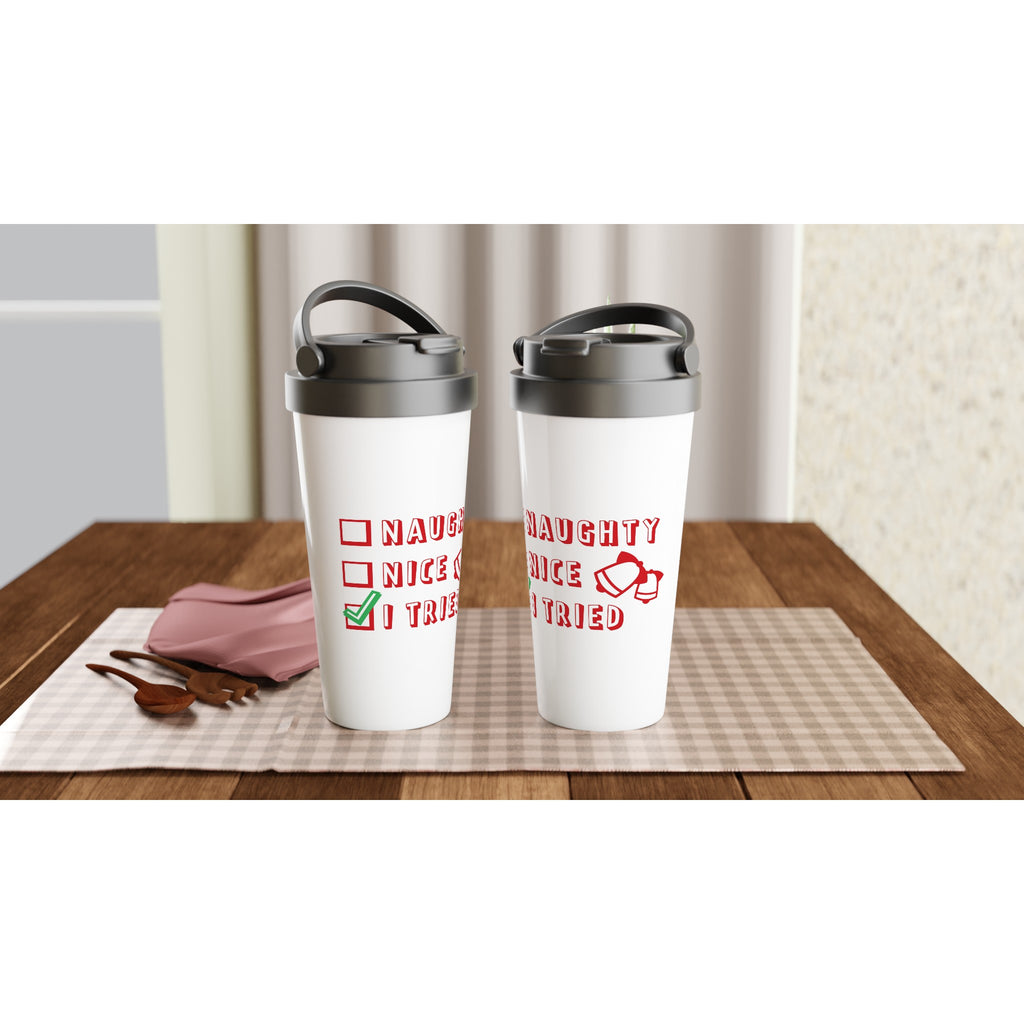Santa's Christmas List, Naughty, Nice, I Tried - White 15oz Stainless Steel Travel Mug Christmas Travel Mug Christmas Globally Fulfilled