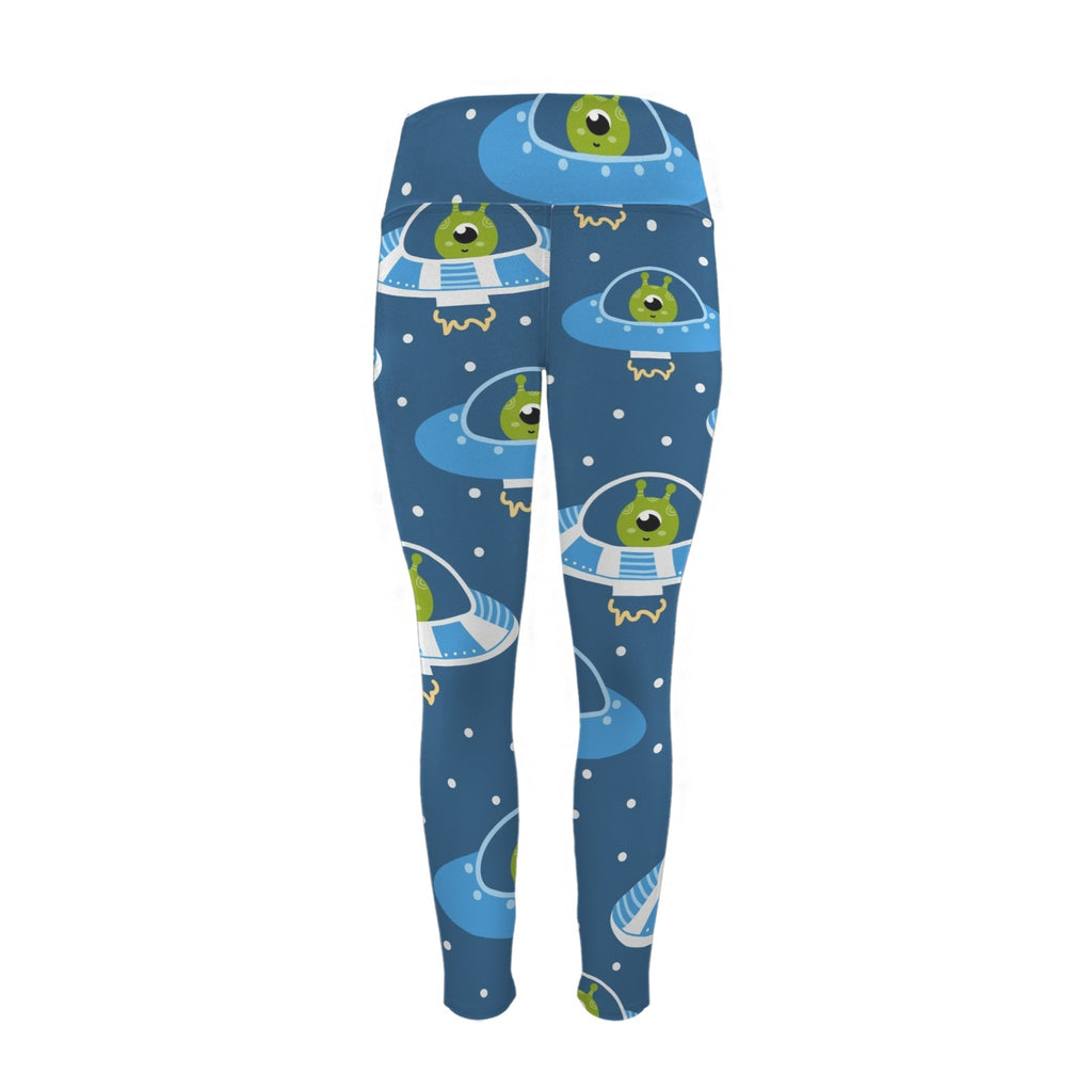Cute Aliens in UFOs - Women's High Waist Pockets Yoga Leggings