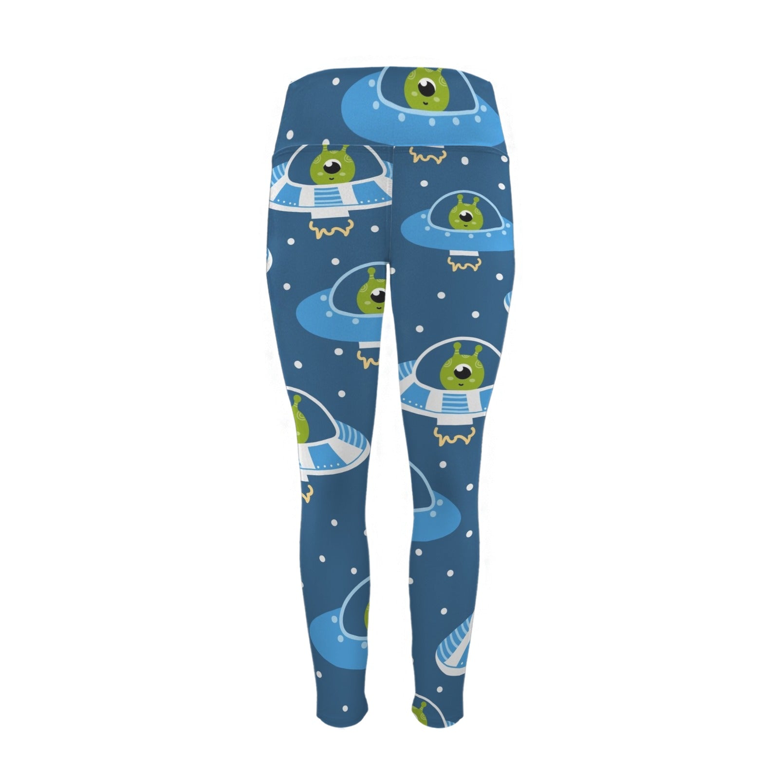Cute Aliens in UFOs - Women's High Waist Pockets Yoga Leggings