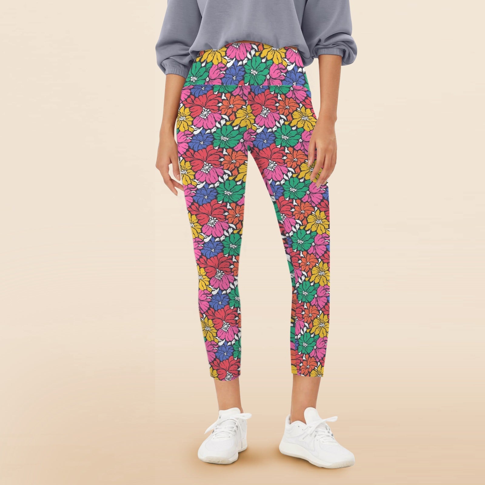 Bright And Bold Flowers Women's High Waist Pockets Yoga Leggings 5XL Women's High Waist Pockets Yoga Leggings Plants Printed Offshore Retro