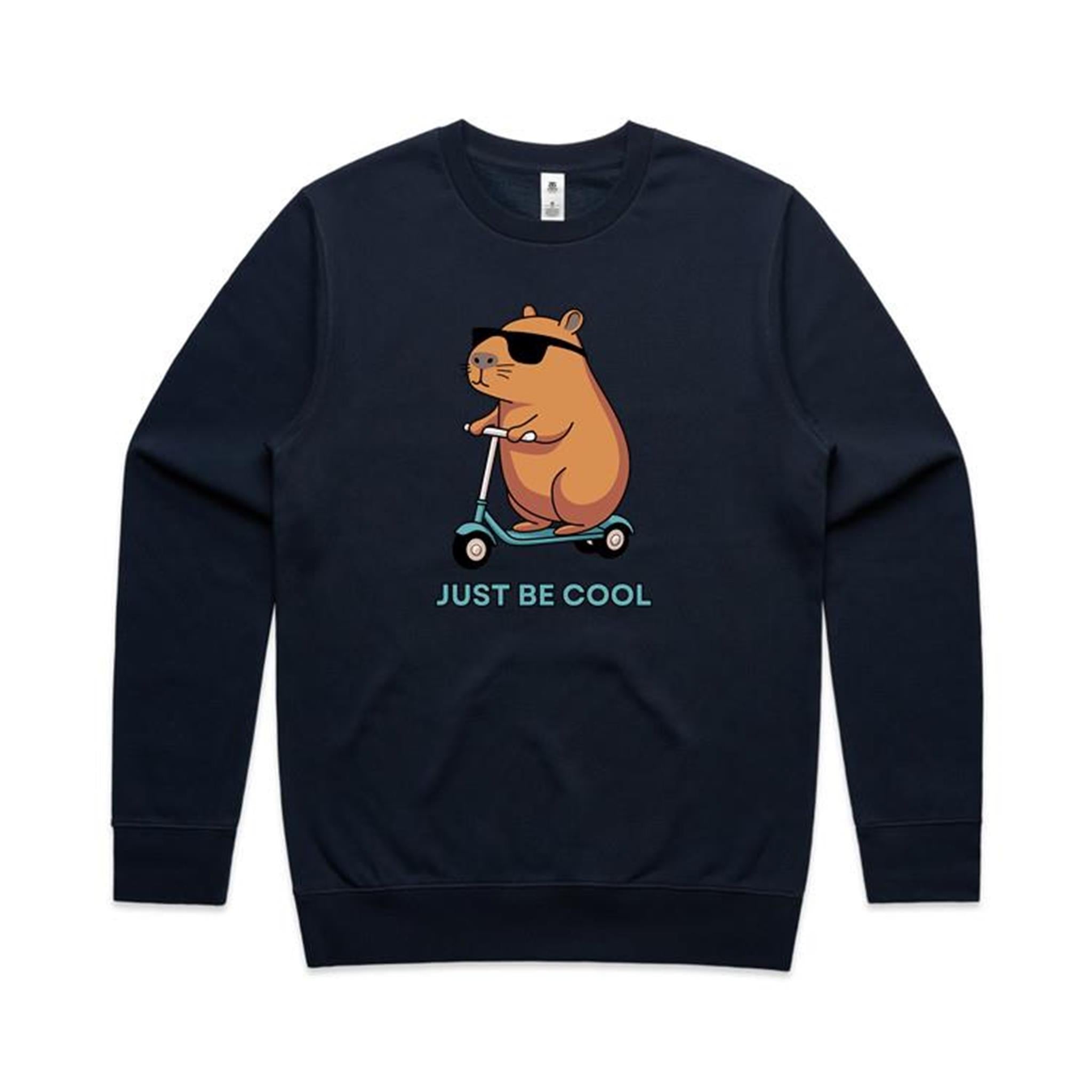 Just Be Cool, Capybara - AS Colour Stencil Crew Sweatshirt Navy Sweatshirt animal Printed In Australia