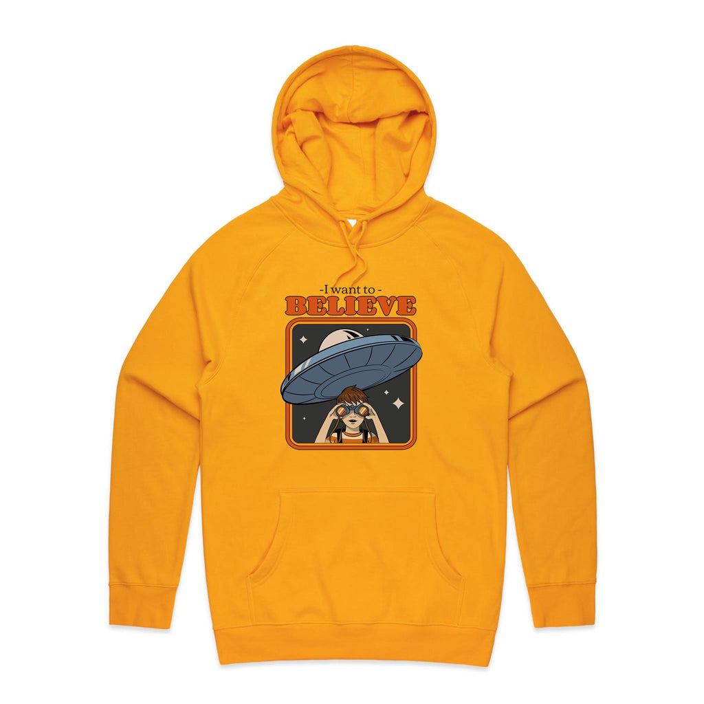 UFO, I Want To Believe - Mens Hoodie Gold Mens Hoodie Printed In Australia Sci Fi