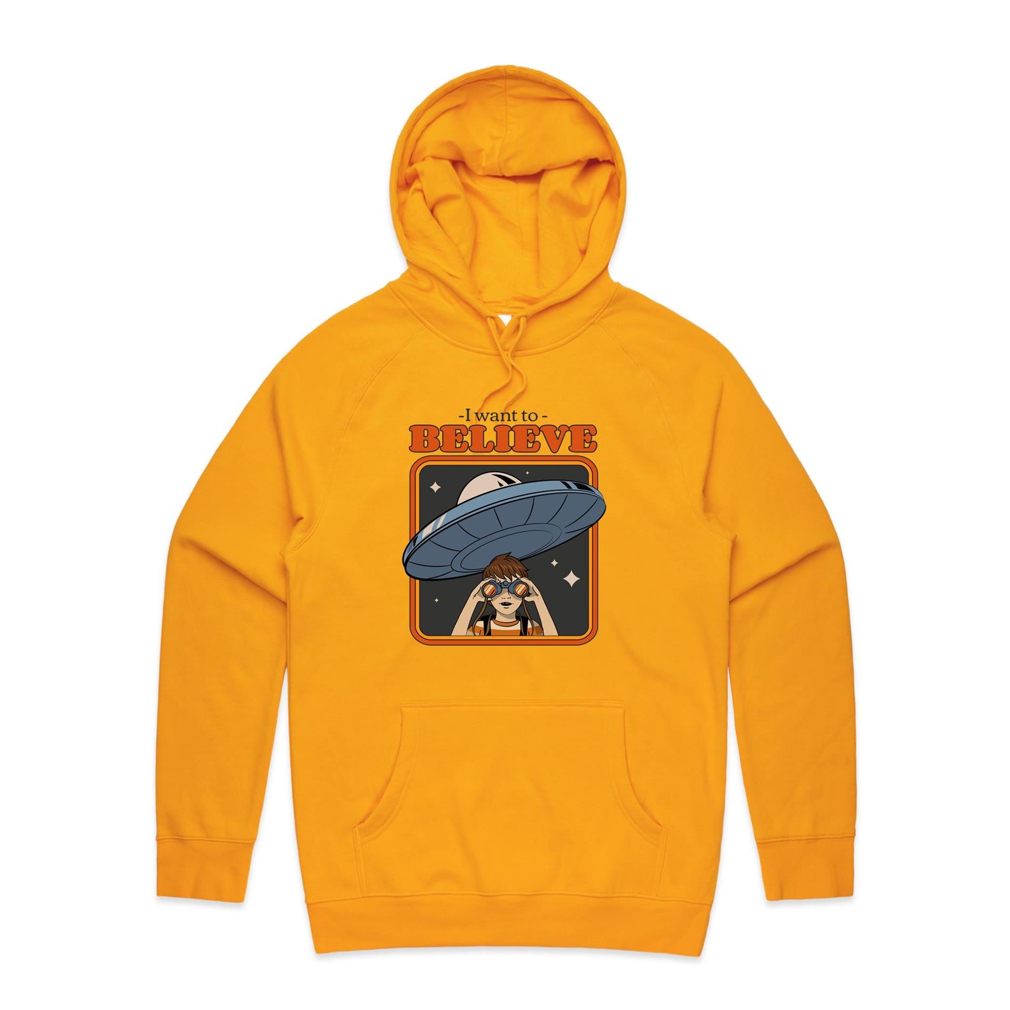 UFO, I Want To Believe - Mens Hoodie Gold Mens Hoodie Printed In Australia Sci Fi