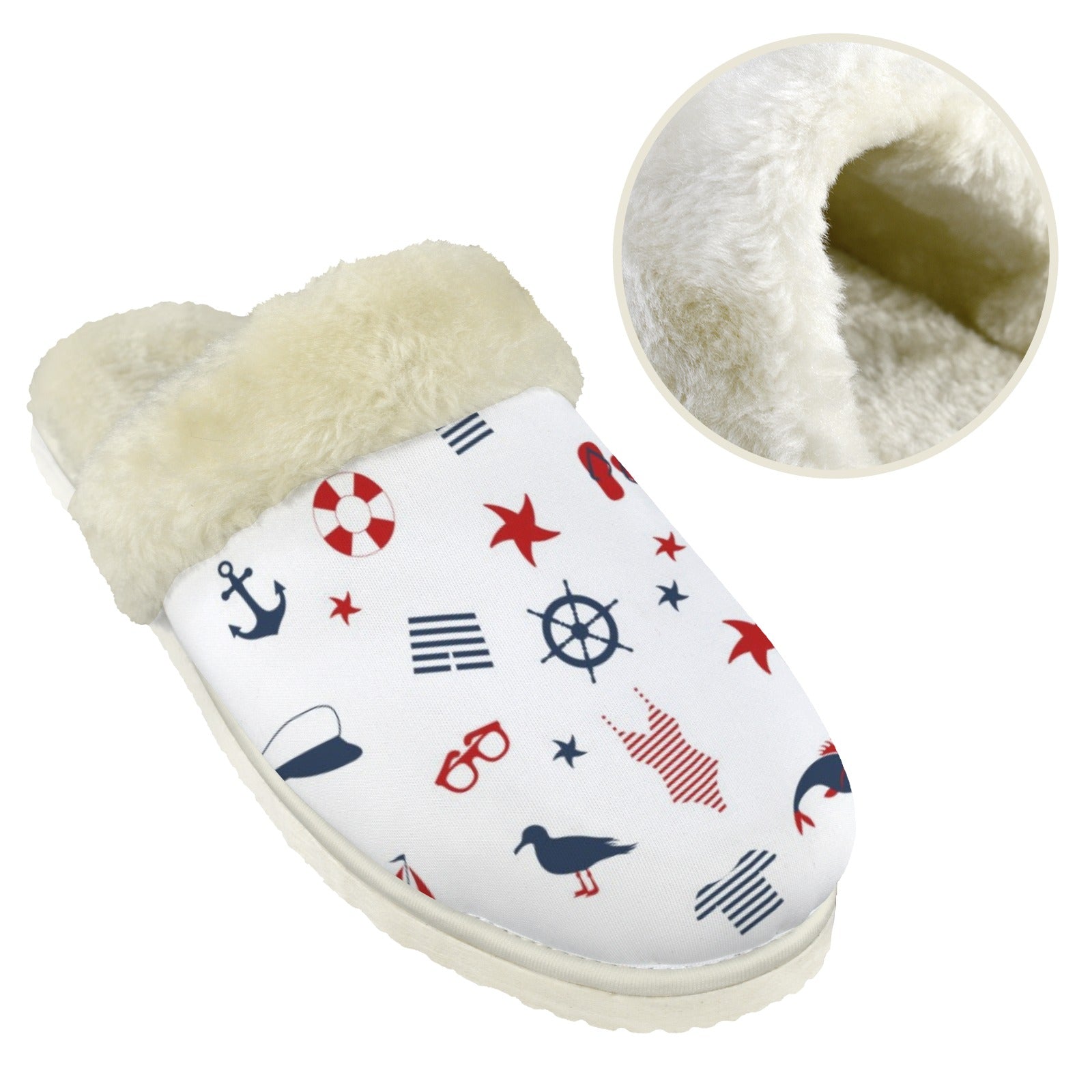 Nautical Life Men's Fur Trim Thick-Sole Indoor Slippers Men's Fur Trimmed Slippers Ocean Printed Offshore