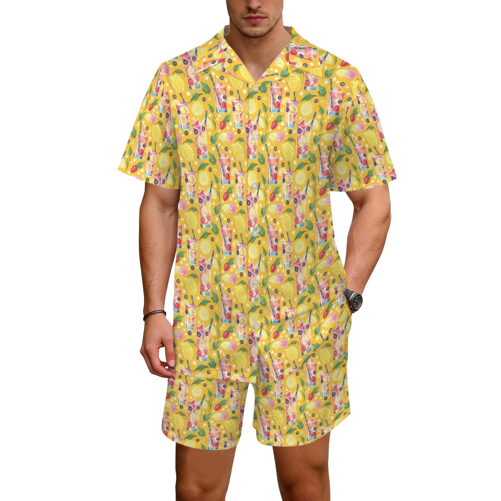 Tropical Fruit Drink Men's Hawaiian Shirt & Shorts Set Men's Hawaiian Shirt & Shorts Set Food Printed Offshore