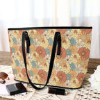 Vintage Retro Floral PU Leather Tote Bag Large Leather Tote Bag-Large Plants Printed Offshore