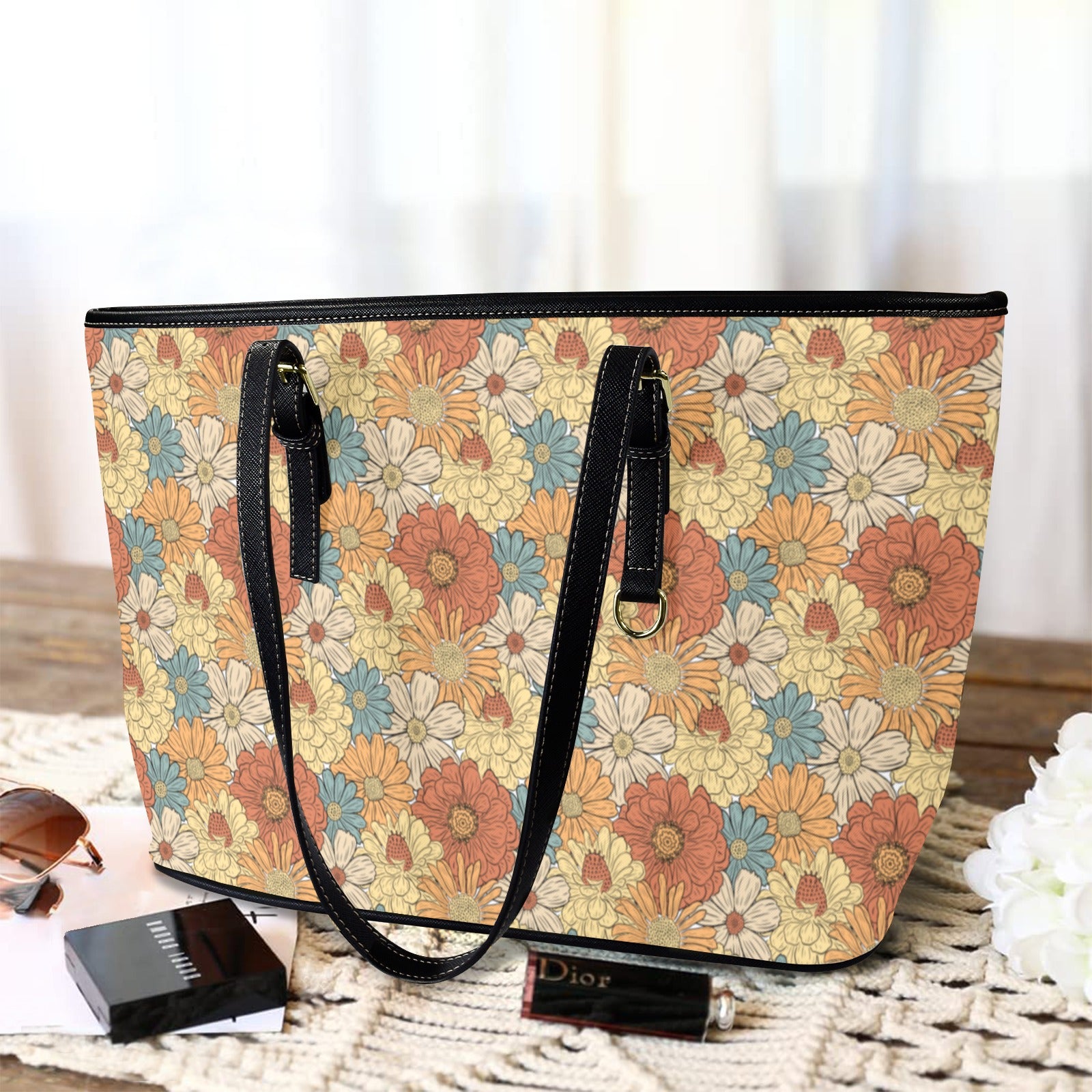 Vintage Retro Floral - PU Leather Tote Bag - Large
