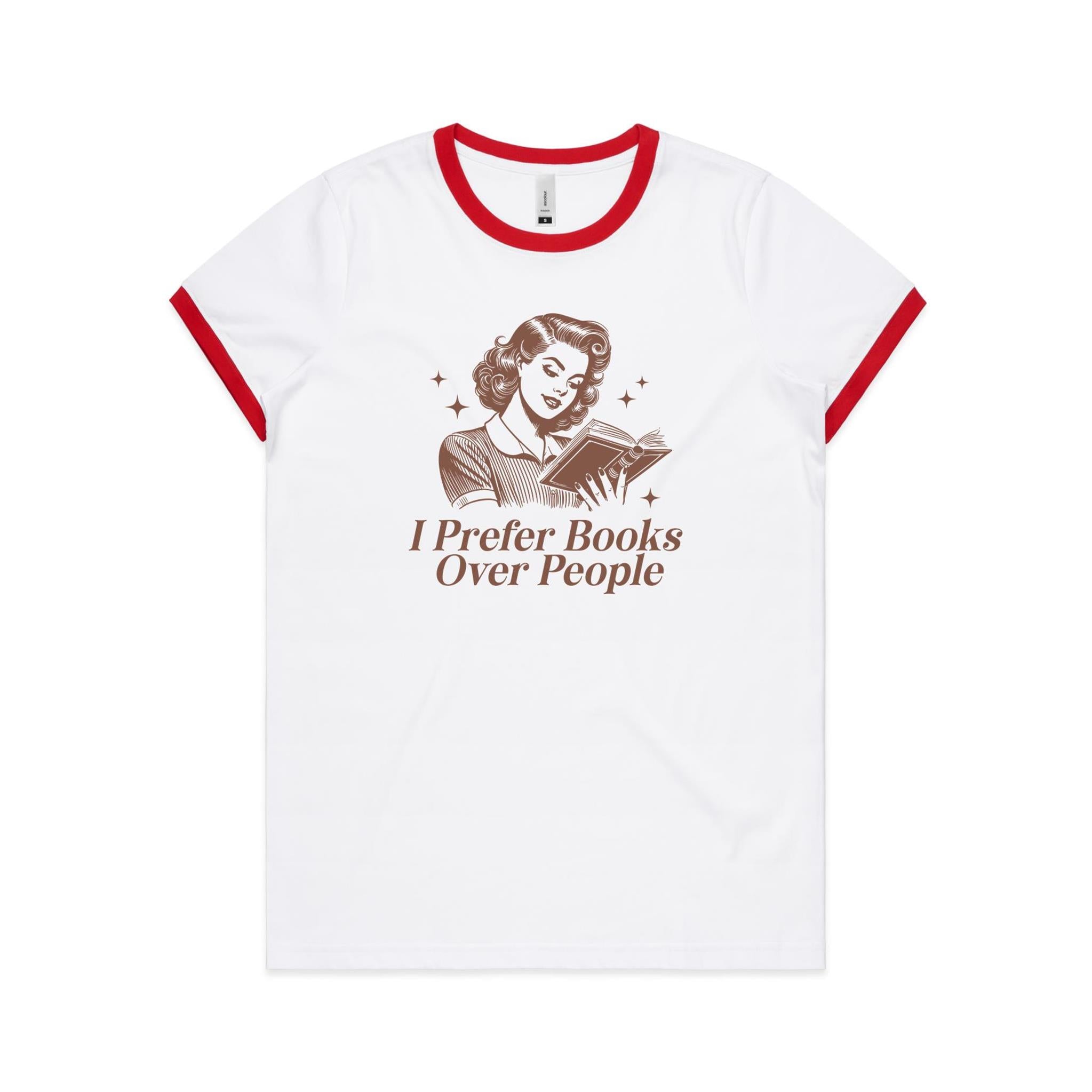 I Prefer Books Over People - AS Colour Women's Ringer Tee White Red Womens Ringer T-shirt Printed In Australia Reading