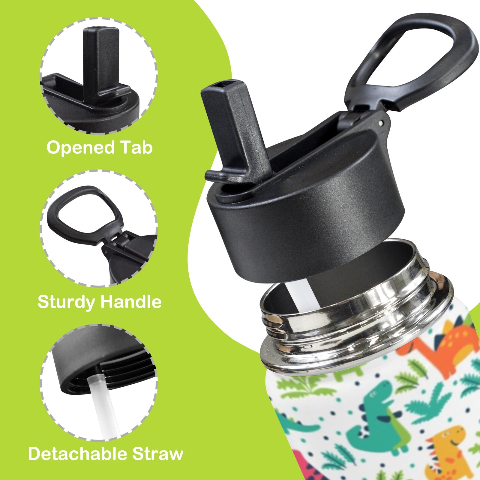 Cute Cartoon Dinosaur 12oz Kids Water Bottle with Straw Lid