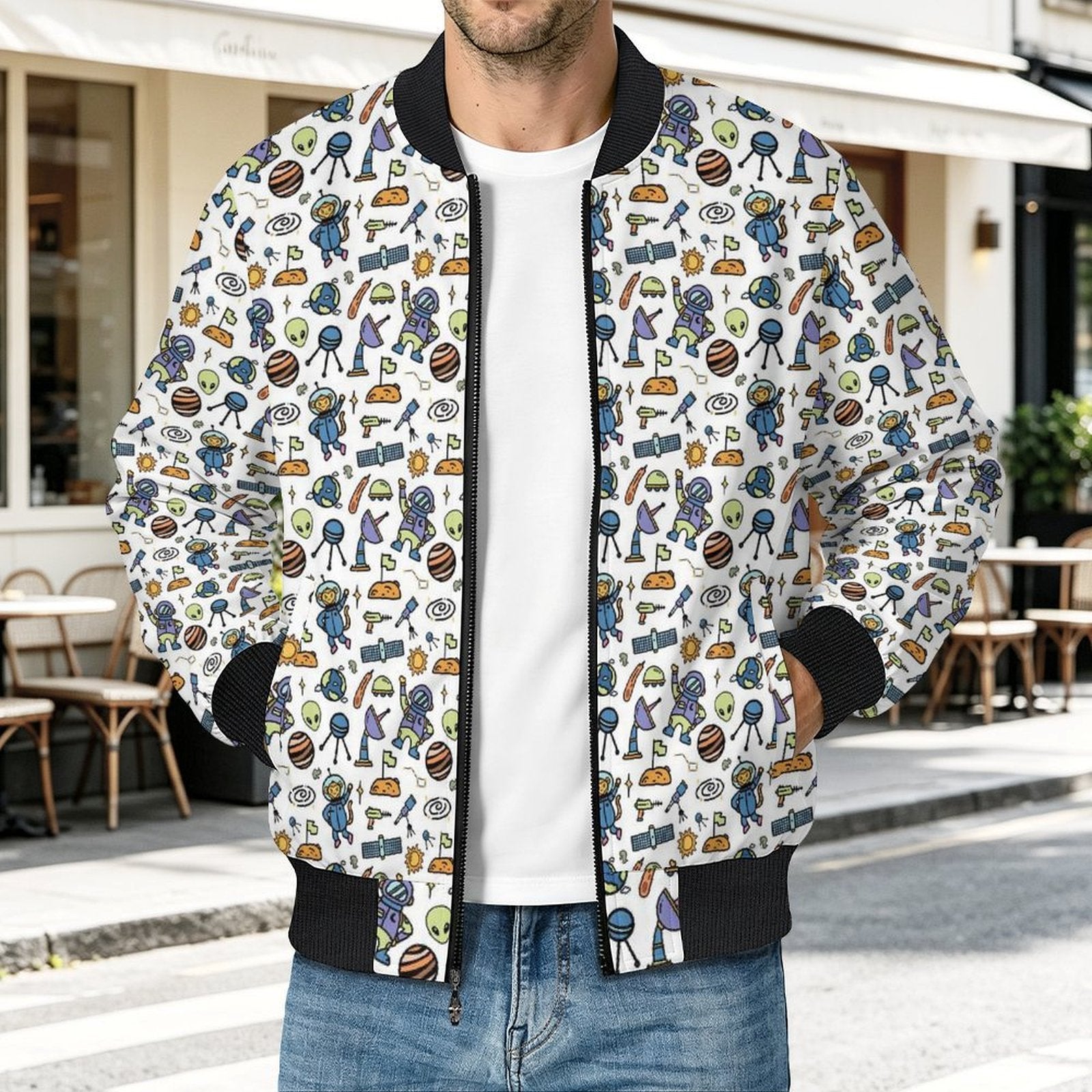 All About Space Men's Casual Zip‑Up Bomber Jacket