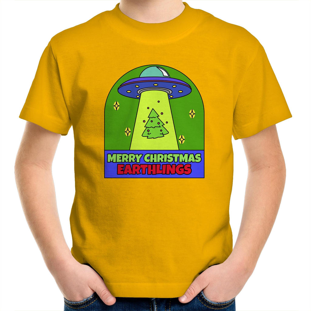 Merry Christmas Earthlings, UFO - Kids Youth T-Shirt Gold Kids Christmas T-shirt Christmas Printed In Australia