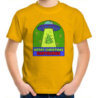 Merry Christmas Earthlings, UFO - Kids Youth T-Shirt Gold Kids Christmas T-shirt Christmas Printed In Australia