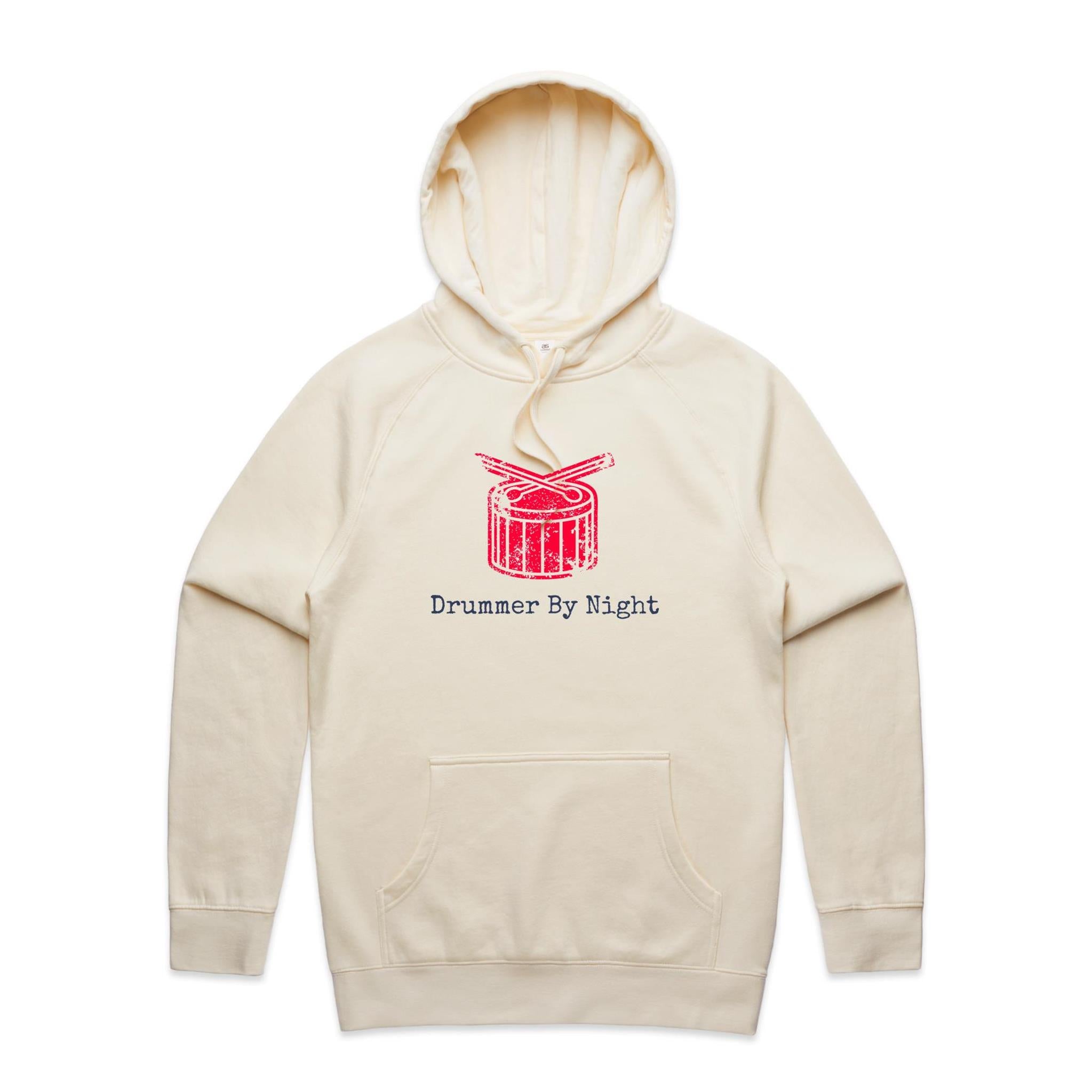 Drummer By Night - Mens Hoodie Ecru Mens Hoodie Music Printed In Australia