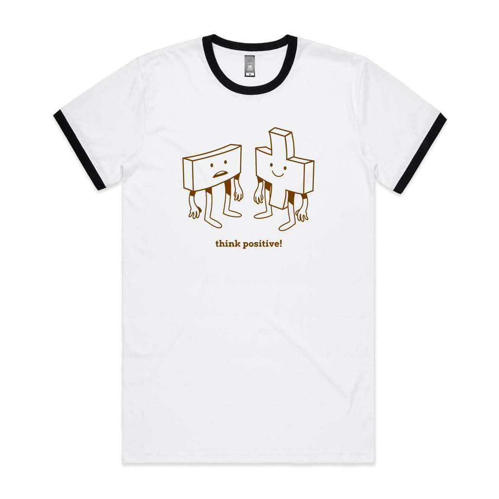 Think Positive, Maths - Staple Ringer Tee White Black Ringer T-Shirt Maths Positivity Printed In Australia