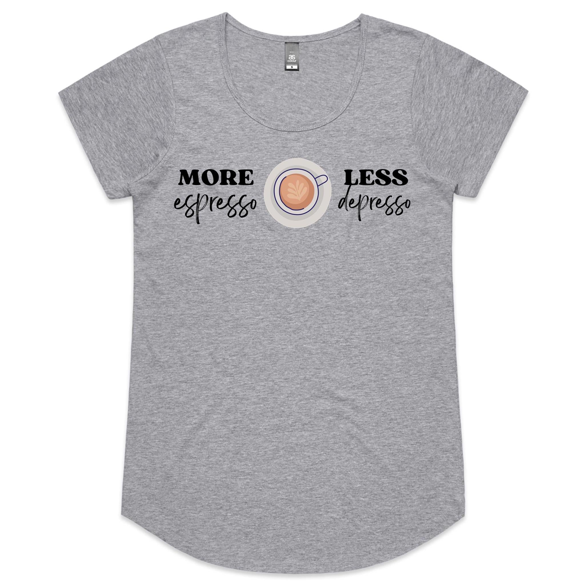 More Espresso, Less Depresso - Womens Scoop Neck T-Shirt Grey Marle Womens Scoop Neck T-shirt Coffee Printed In Australia