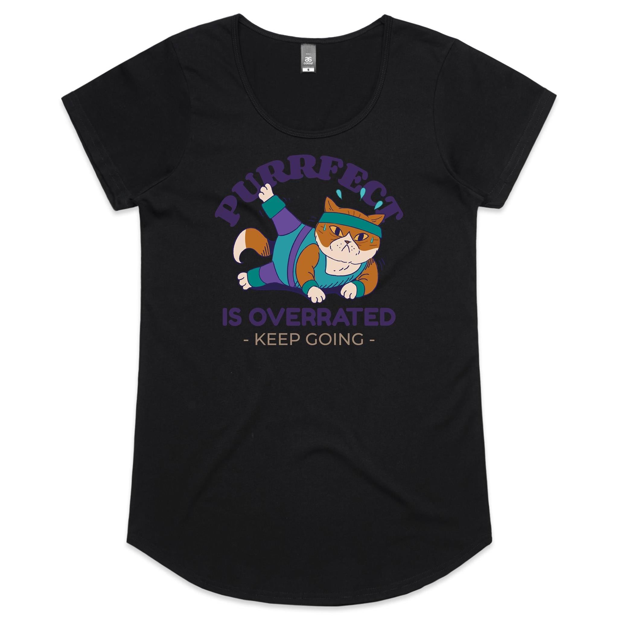 Purrfect Is Overrated - Womens Scoop Neck T-Shirt Black Womens Scoop Neck T-shirt animal Fitness Printed In Australia