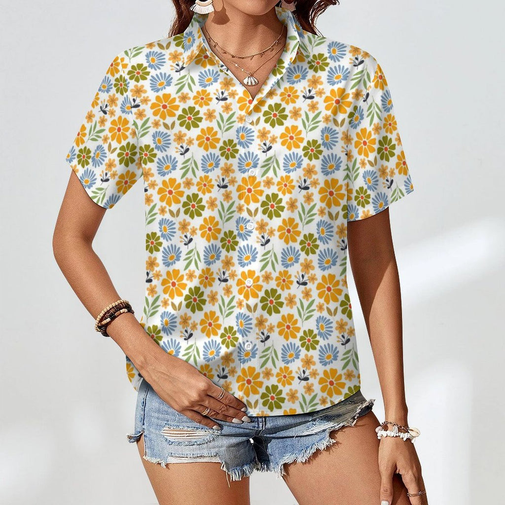Retro Boho Flower Women's Collared Pocketless Short Sleeve Shirt