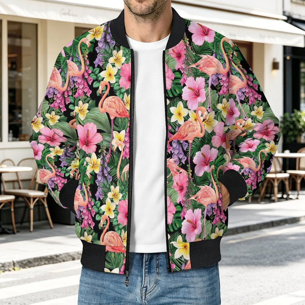 Flamingo Jungle Men's Casual Zip‑Up Bomber Jacket