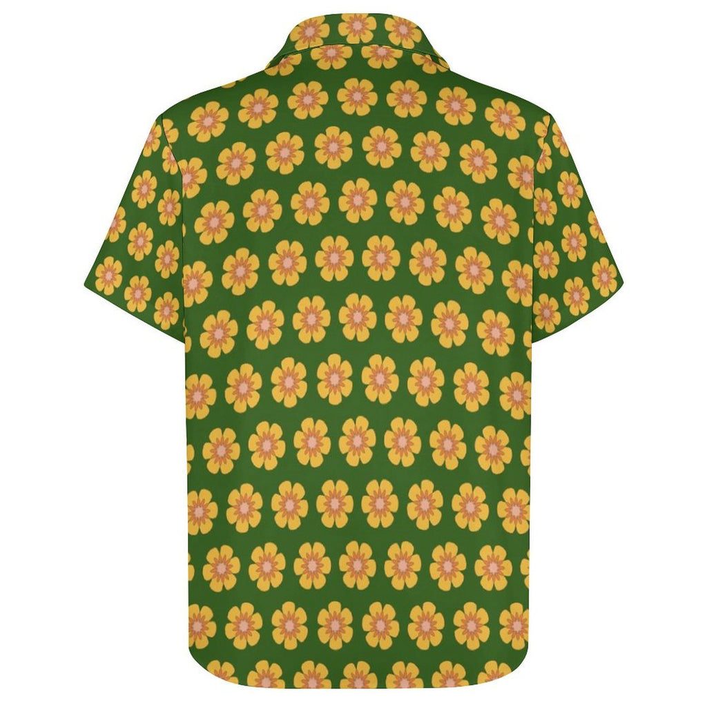 Yellow Flowers On Green Women's Short-Sleeve Button Up Shirt