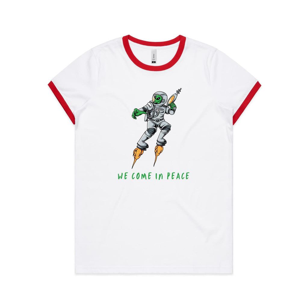 Alien, We Come In Peace - Women's Ringer Tee White Red Womens Ringer T-shirt Printed In Australia Sci Fi