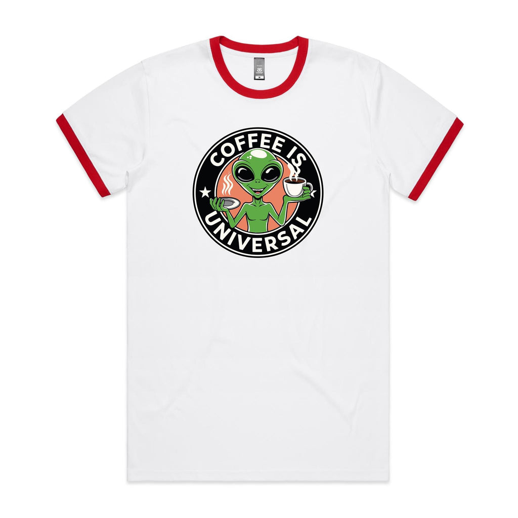 Coffee Is Universal, Alien - Staple Ringer Tee White Red Ringer T-Shirt Coffee Printed In Australia Sci Fi