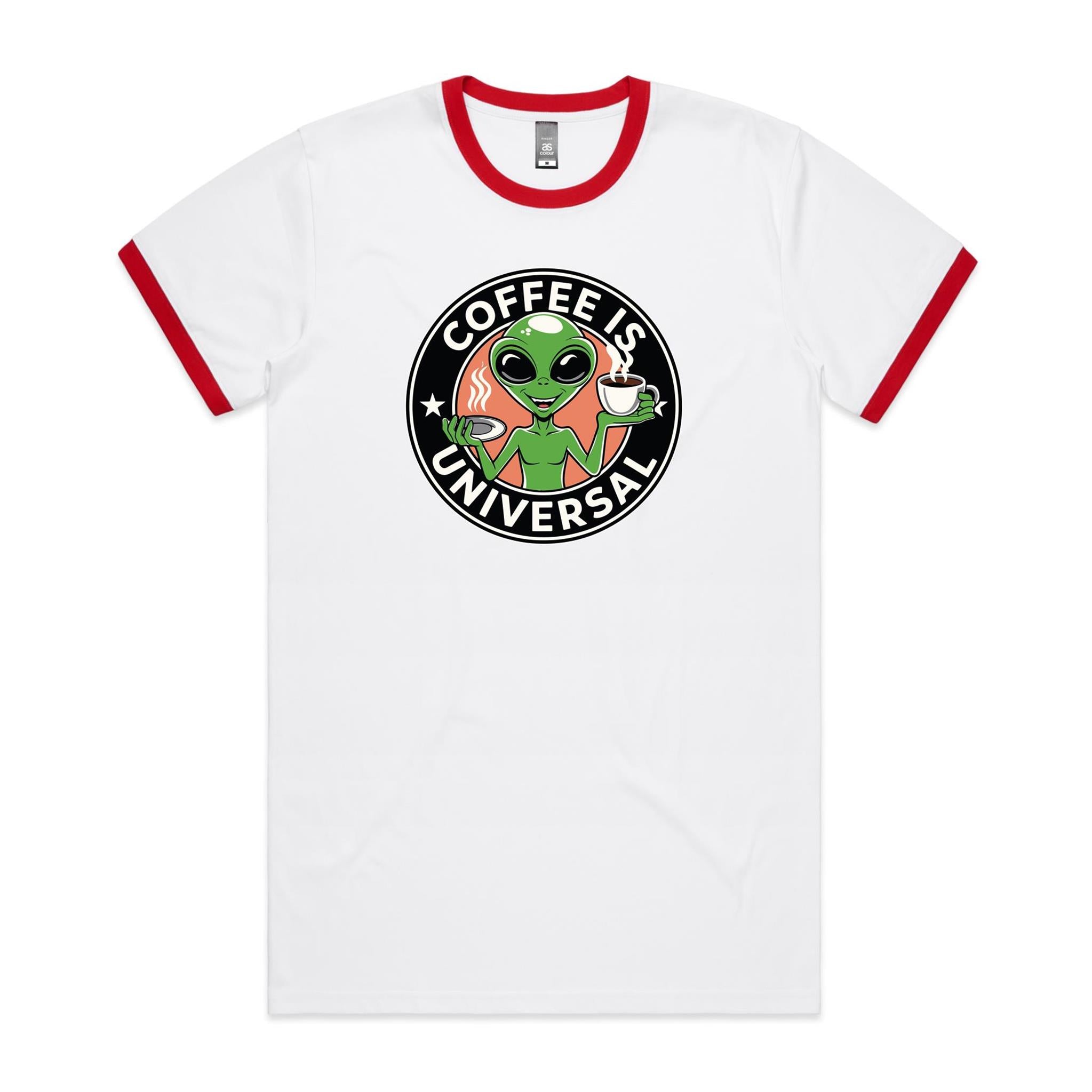Coffee Is Universal, Alien - Staple Ringer Tee White Red Ringer T-Shirt Coffee Printed In Australia Sci Fi