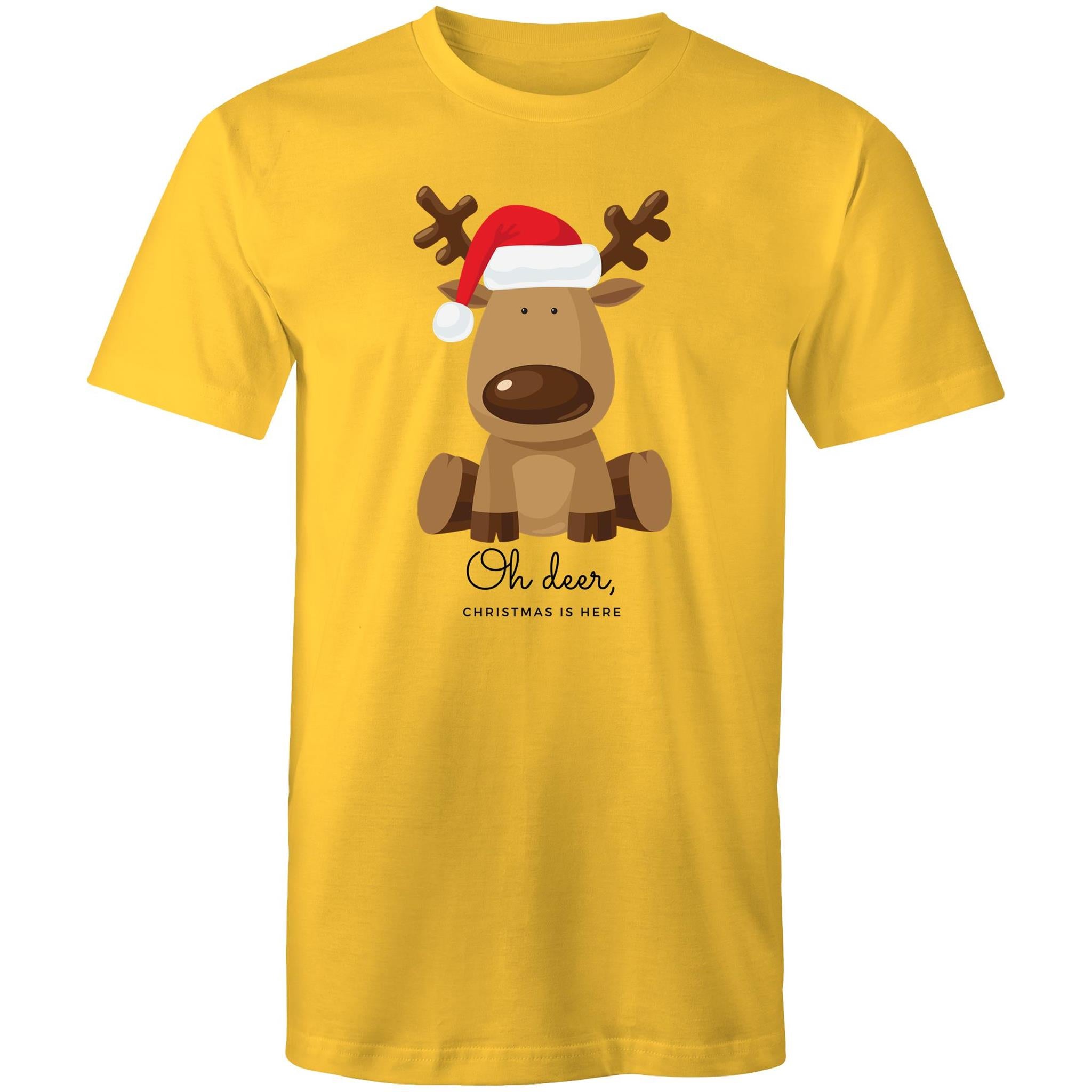 Oh Deer, Christmas Is Here, Reindeer - Mens T-Shirt Yellow Mens Christmas T-shirt Christmas Printed In Australia