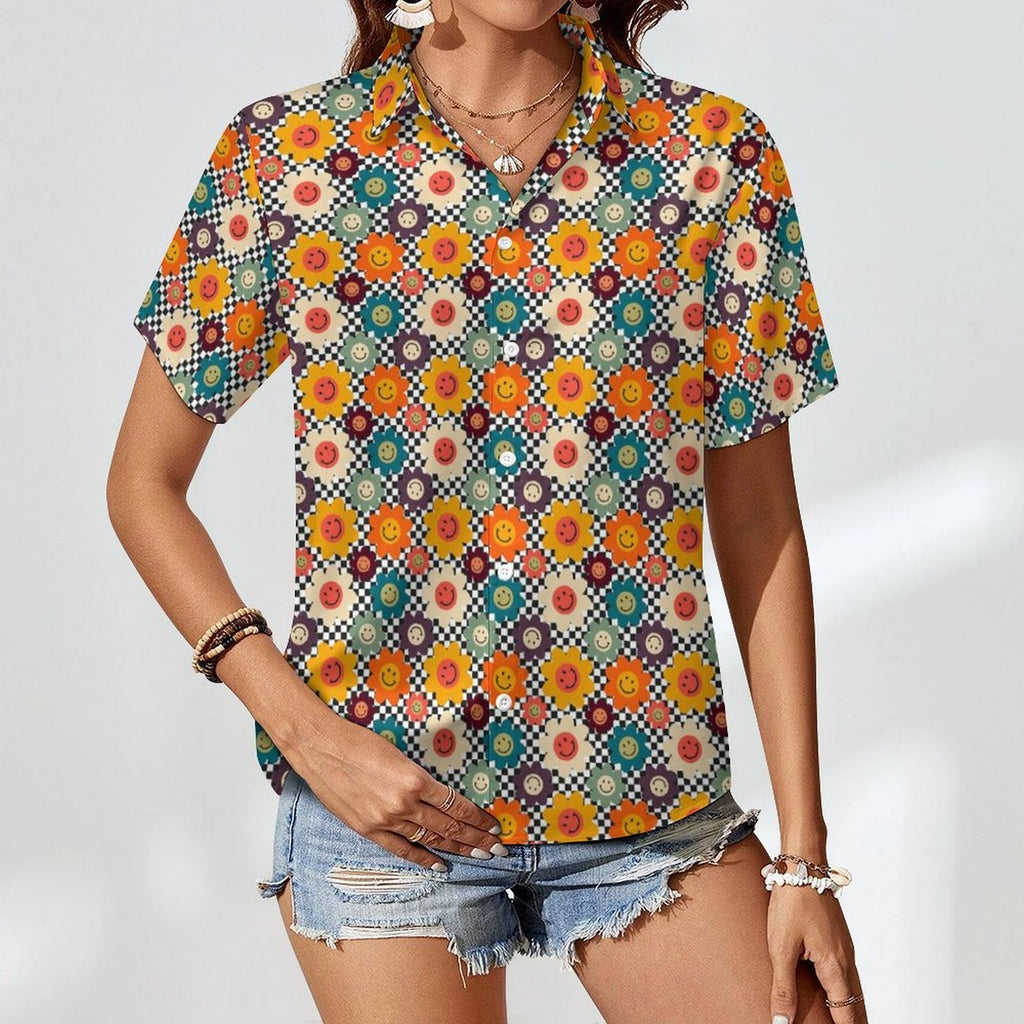 Happy Retro Flowers Women's Collared Pocketless Short Sleeve Shirt