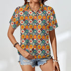 Happy Retro Flowers Women's Collared Pocketless Short Sleeve Shirt