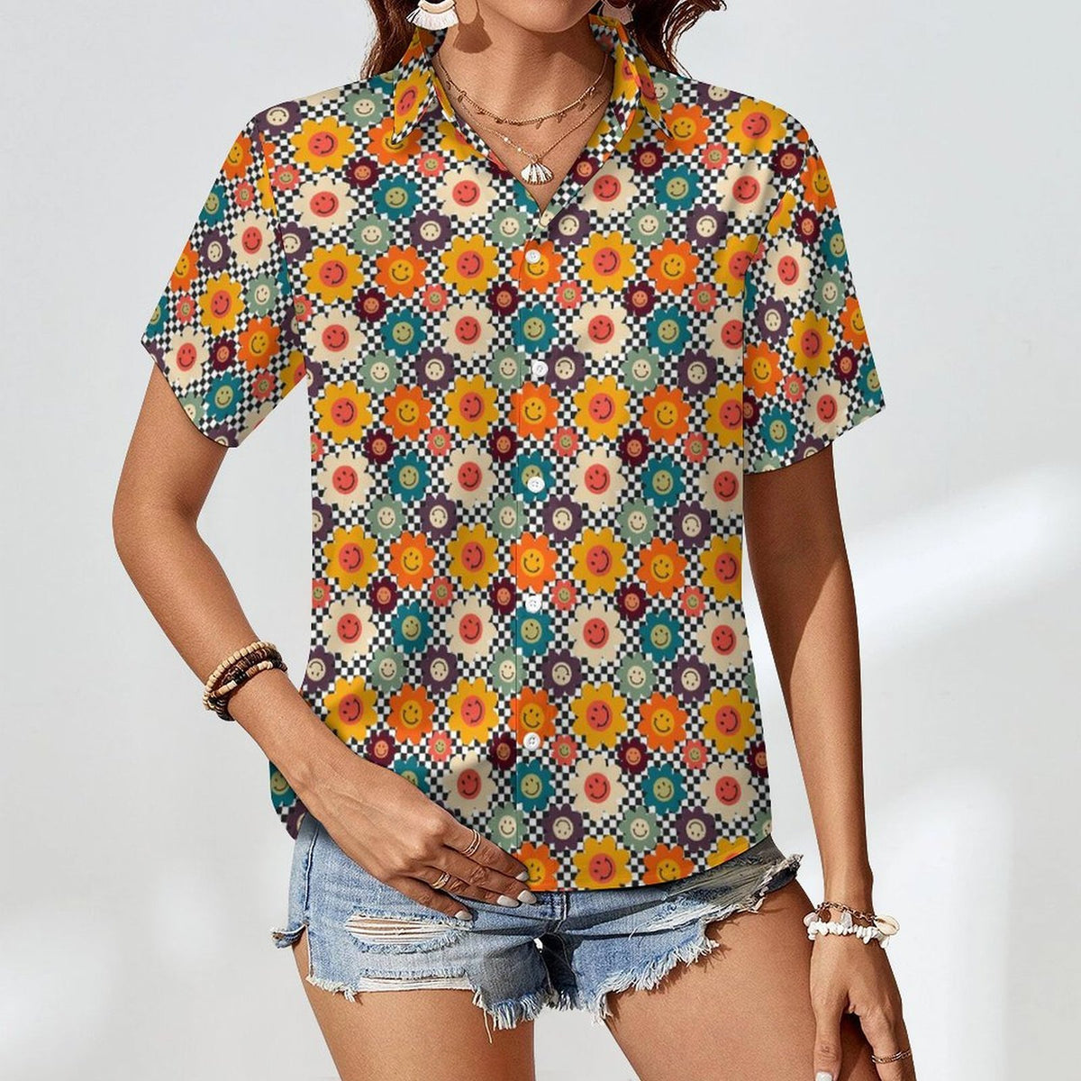 Happy Retro Flowers Women's Collared Pocketless Short Sleeve Shirt