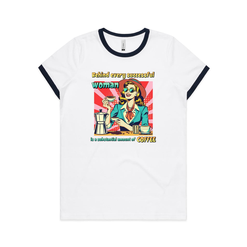 Retro Coffee Woman Women's AS Colour Ringer Tee White Navy Womens Ringer T-shirt Coffee Printed In Australia Retro