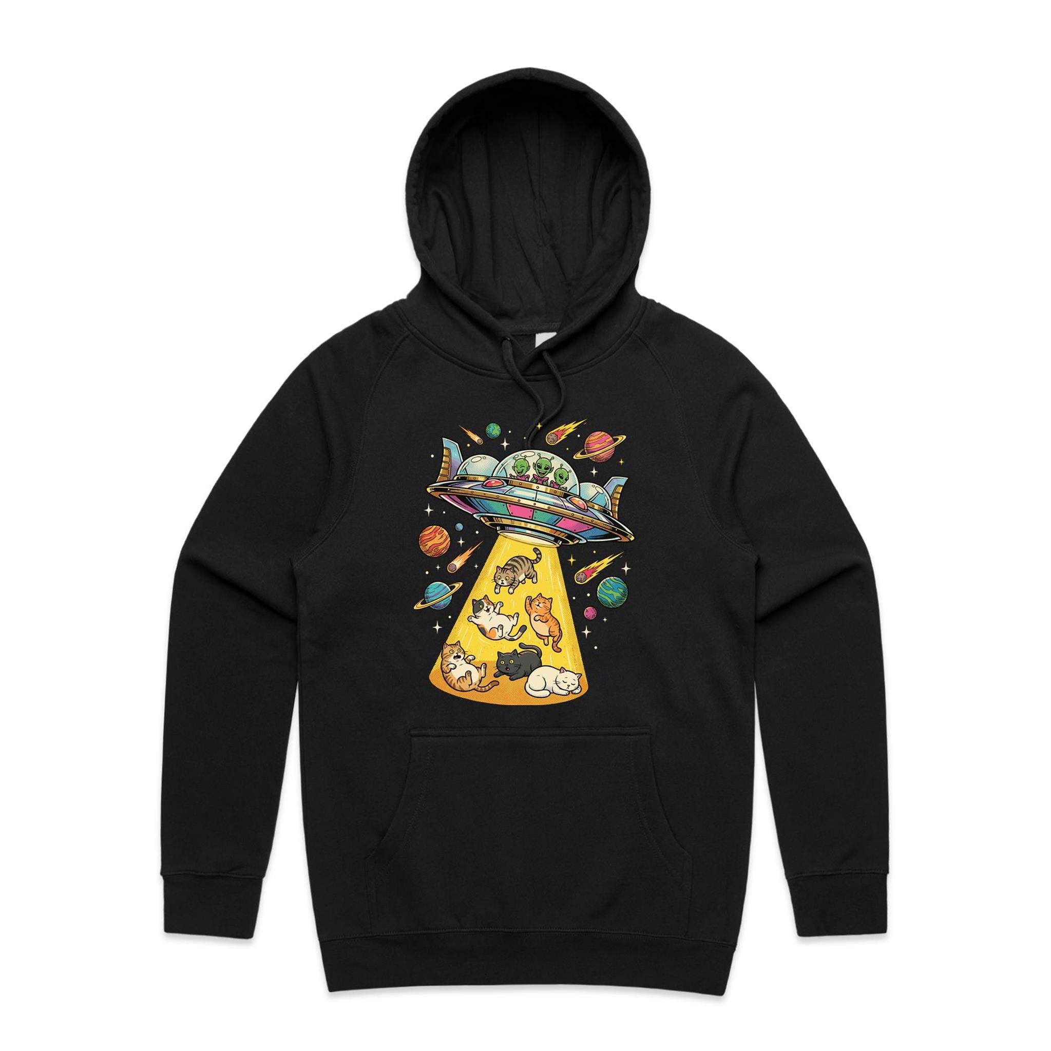 UFO Cat Abduction Men's AS Colour Hoodie Black Mens Hoodie animal Printed In Australia Sci Fi