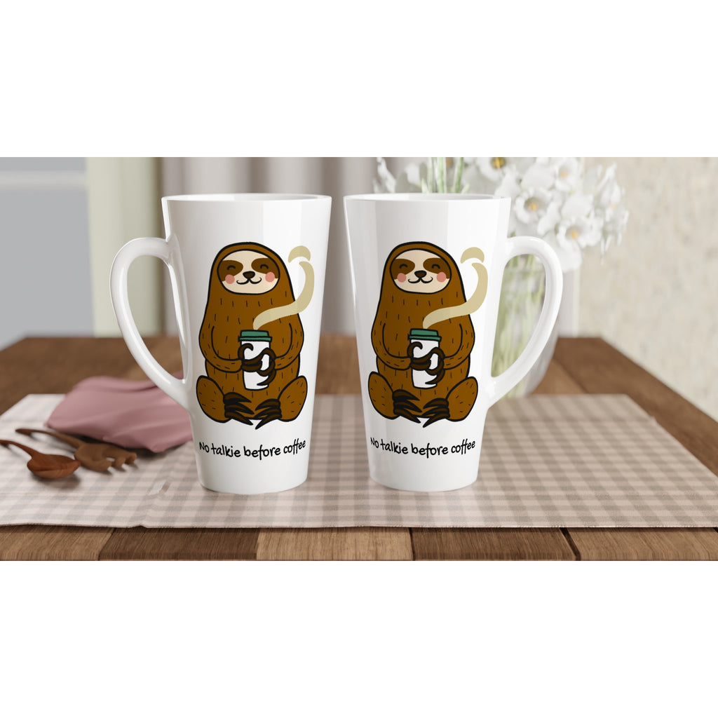 Sloth, No Talkie Before Coffee - White Latte 17oz Ceramic Mug Latte Mug animal Coffee Globally Fulfilled