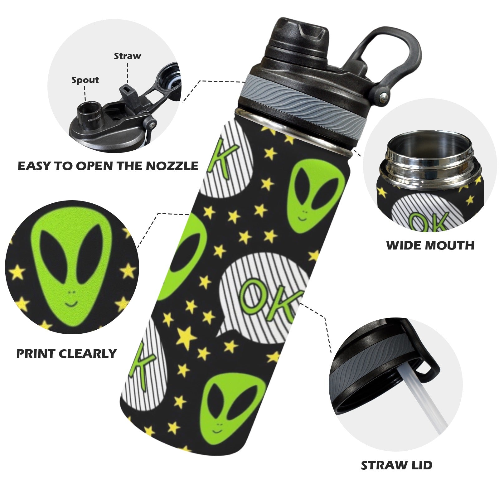 Alien OK - Insulated Water Bottle with Dual-Use Lid (18oz) Insulated Water Bottle with Dual-Use Lid (18oz) Printed Offshore Sci Fi