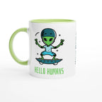Personalised - Hello Humans - White 11oz Ceramic Mug with Colour Inside Ceramic Green Personalised 11oz Mug customise Globally Fulfilled personalise Sci Fi