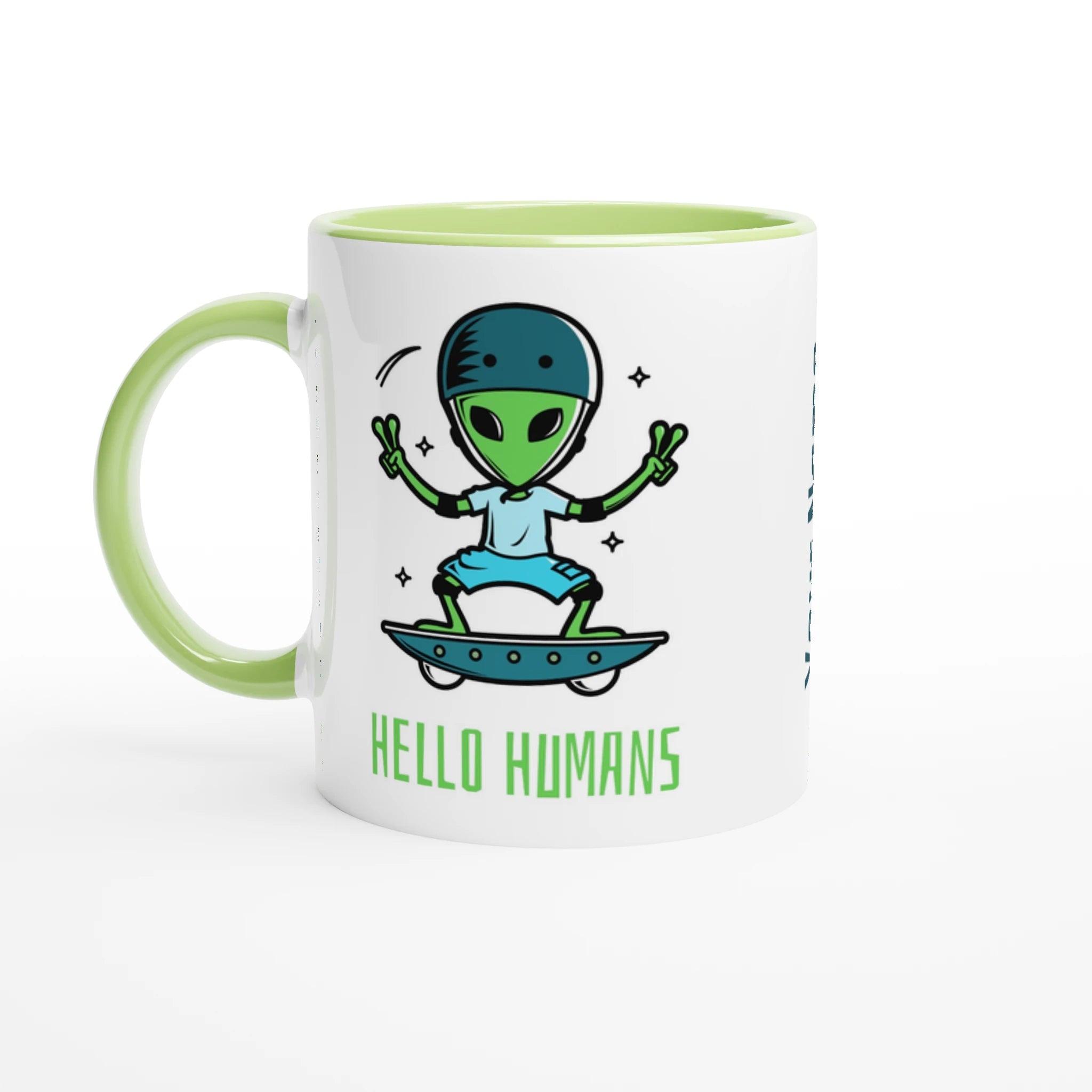 Personalised - Hello Humans - White 11oz Ceramic Mug with Colour Inside Ceramic Green Personalised 11oz Mug customise Globally Fulfilled personalise Sci Fi