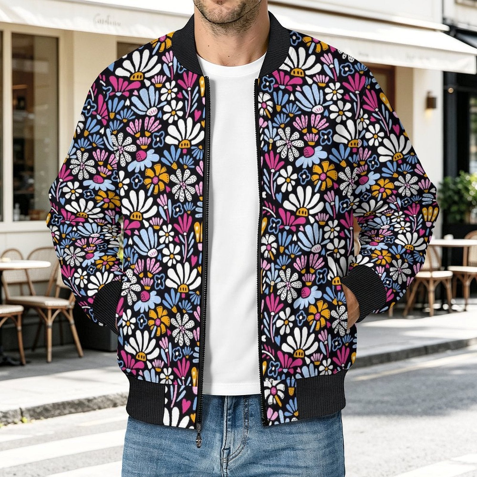 Graphic Floral Men's Casual Zip‑Up Bomber Jacket