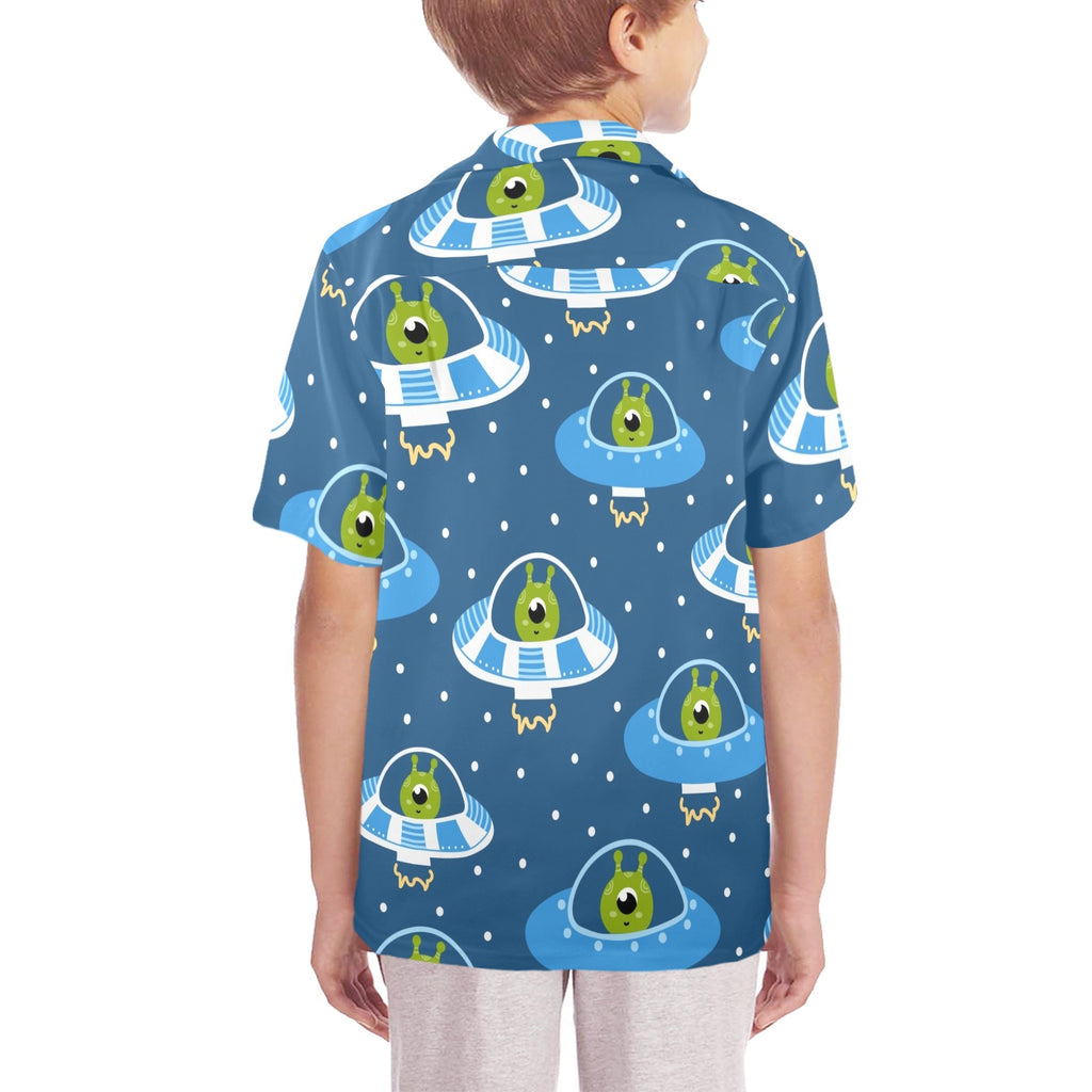 Cute Aliens in UFOs Senior Kids Hawaiian Shirt Senior Kids Hawaiian Shirt 8-15 Printed Offshore Sci Fi